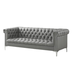 HomeRoots 85" Gray Faux Leather Sofa with Durable Frame, Tufted Design, and Stylish Nailhead Trim for Comfort 543962