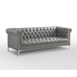 HomeRoots 85" Gray Faux Leather Sofa with Durable Frame, Tufted Design, and Stylish Nailhead Trim for Comfort 543962
