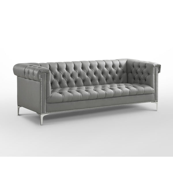 HomeRoots 85" Gray Faux Leather Sofa with Durable Frame, Tufted Design, and Stylish Nailhead Trim for Comfort 543962