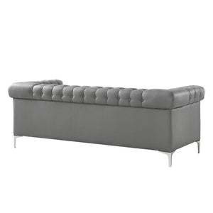 HomeRoots 85" Gray Faux Leather Sofa with Durable Frame, Tufted Design, and Stylish Nailhead Trim for Comfort 543962