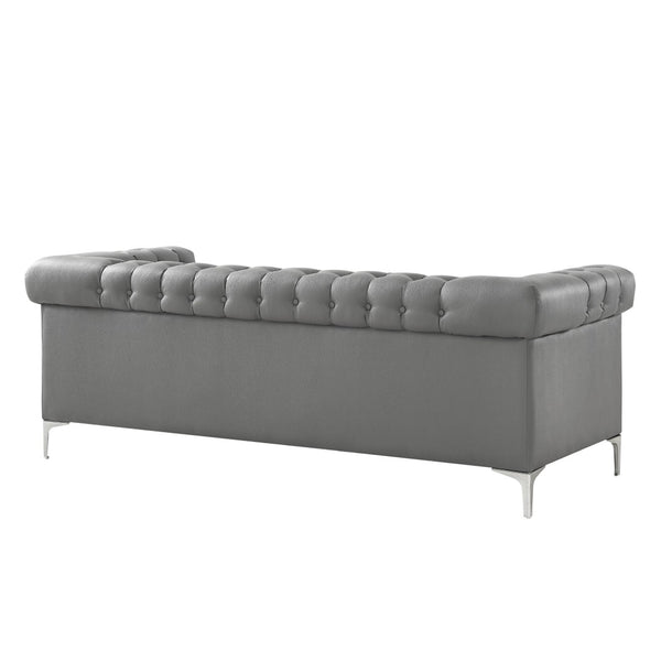 HomeRoots 85" Gray Faux Leather Sofa with Durable Frame, Tufted Design, and Stylish Nailhead Trim for Comfort 543962