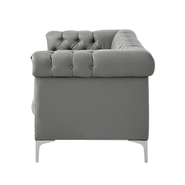 HomeRoots 85" Gray Faux Leather Sofa with Durable Frame, Tufted Design, and Stylish Nailhead Trim for Comfort 543962
