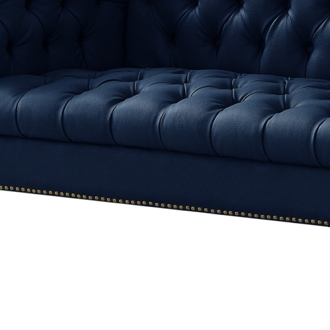 HomeRoots 85" Navy Blue Faux Leather Sofa with Modern Gold Legs, Tufted Design, and Durable Comfort for 3 543963