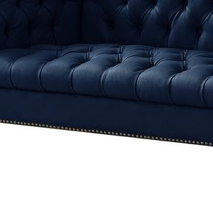 HomeRoots 85" Navy Blue Faux Leather Sofa with Modern Gold Legs, Tufted Design, and Durable Comfort for 3 543963