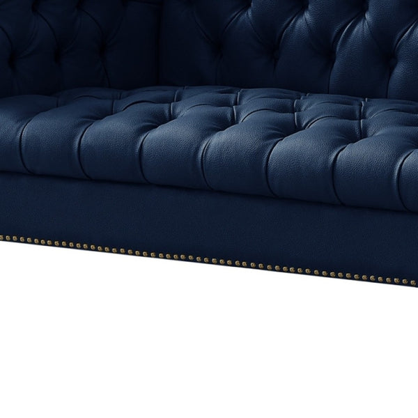 HomeRoots 85" Navy Blue Faux Leather Sofa with Modern Gold Legs, Tufted Design, and Durable Comfort for 3 543963