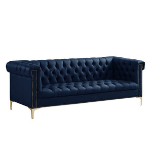 HomeRoots 85" Navy Blue Faux Leather Sofa with Modern Gold Legs, Tufted Design, and Durable Comfort for 3 543963