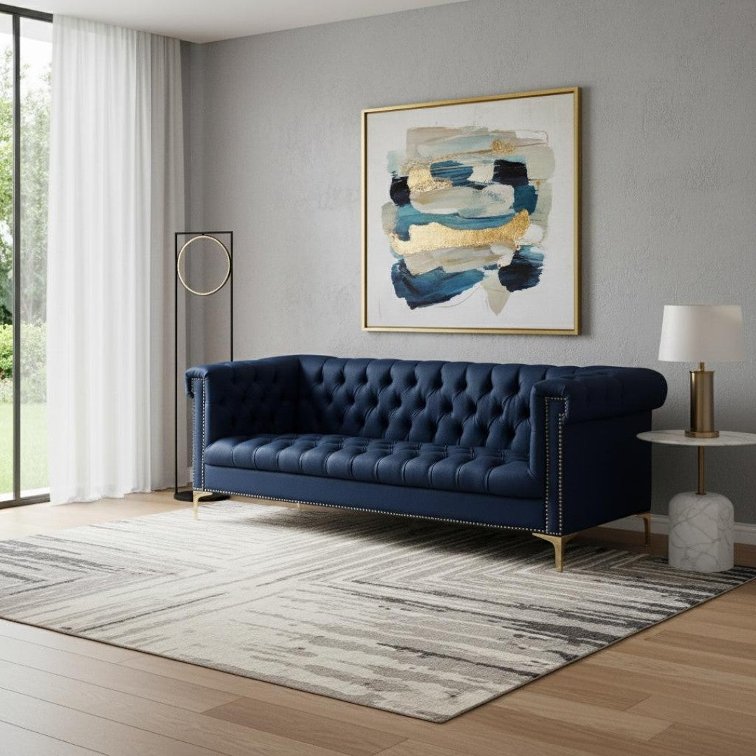 HomeRoots 85" Navy Blue Faux Leather Sofa with Modern Gold Legs, Tufted Design, and Durable Comfort for 3 543963