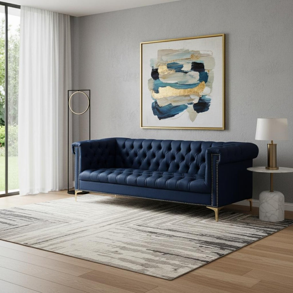 HomeRoots 85" Navy Blue Faux Leather Sofa with Modern Gold Legs, Tufted Design, and Durable Comfort for 3 543963