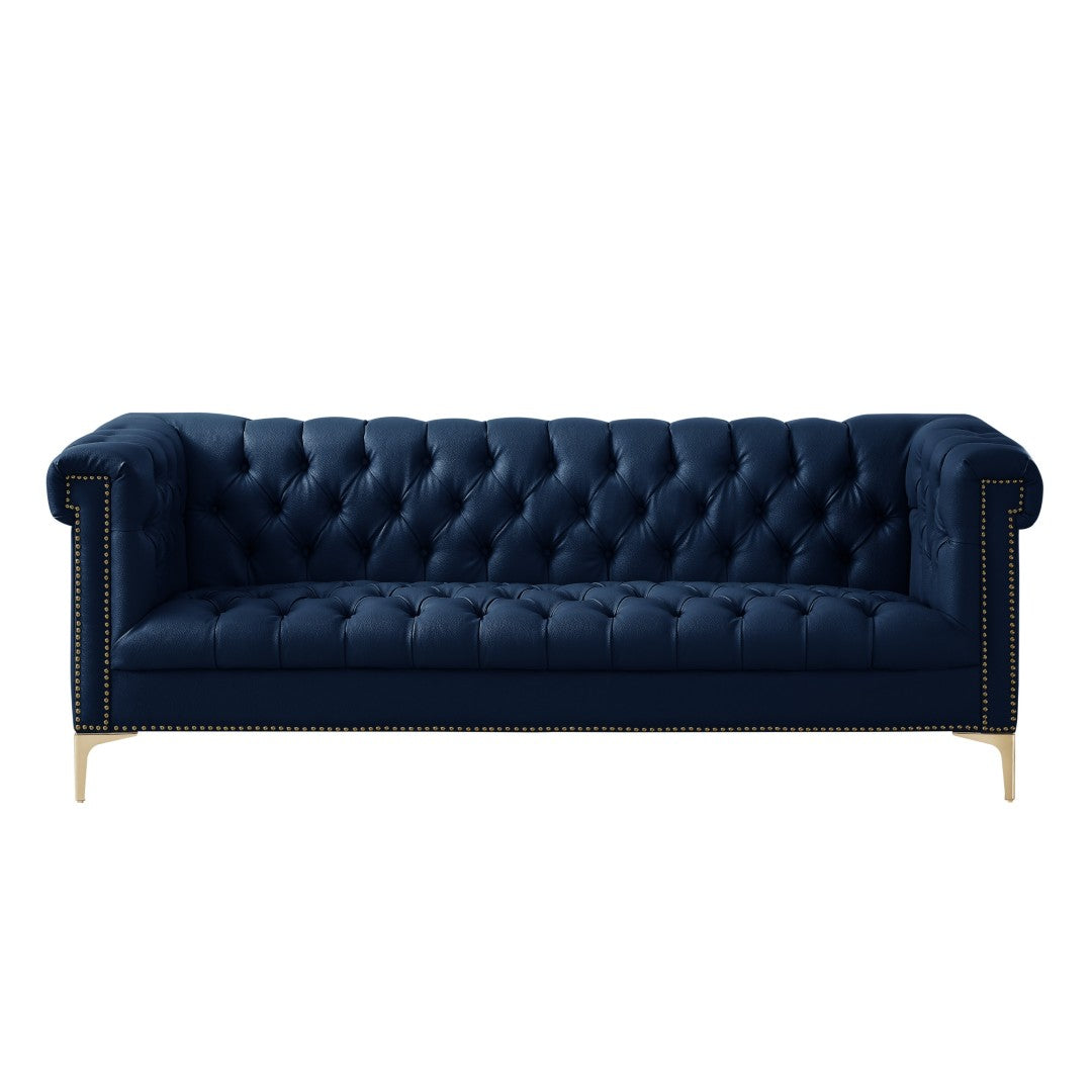 HomeRoots 85" Navy Blue Faux Leather Sofa with Modern Gold Legs, Tufted Design, and Durable Comfort for 3 543963