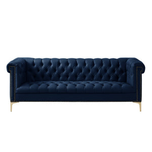 HomeRoots 85" Navy Blue Faux Leather Sofa with Modern Gold Legs, Tufted Design, and Durable Comfort for 3 543963