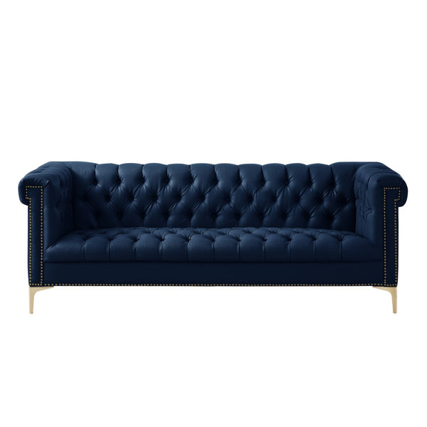HomeRoots 85" Navy Blue Faux Leather Sofa with Modern Gold Legs, Tufted Design, and Durable Comfort for 3 543963