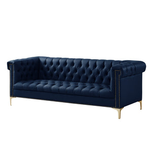 HomeRoots 85" Navy Blue Faux Leather Sofa with Modern Gold Legs, Tufted Design, and Durable Comfort for 3 543963