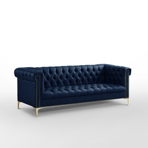 HomeRoots 85" Navy Blue Faux Leather Sofa with Modern Gold Legs, Tufted Design, and Durable Comfort for 3 543963