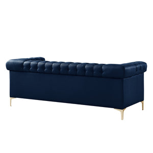 HomeRoots 85" Navy Blue Faux Leather Sofa with Modern Gold Legs, Tufted Design, and Durable Comfort for 3 543963