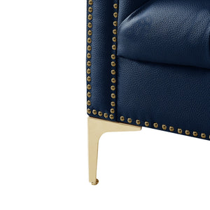 HomeRoots 85" Navy Blue Faux Leather Sofa with Modern Gold Legs, Tufted Design, and Durable Comfort for 3 543963