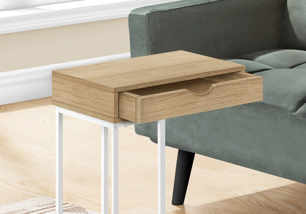 English Elm Accent C-shaped End Table with Sliding Base and Storage Drawer — Contemporary Metal Frame Design Natural 23 L x 17 W x 3 H B2710P219424