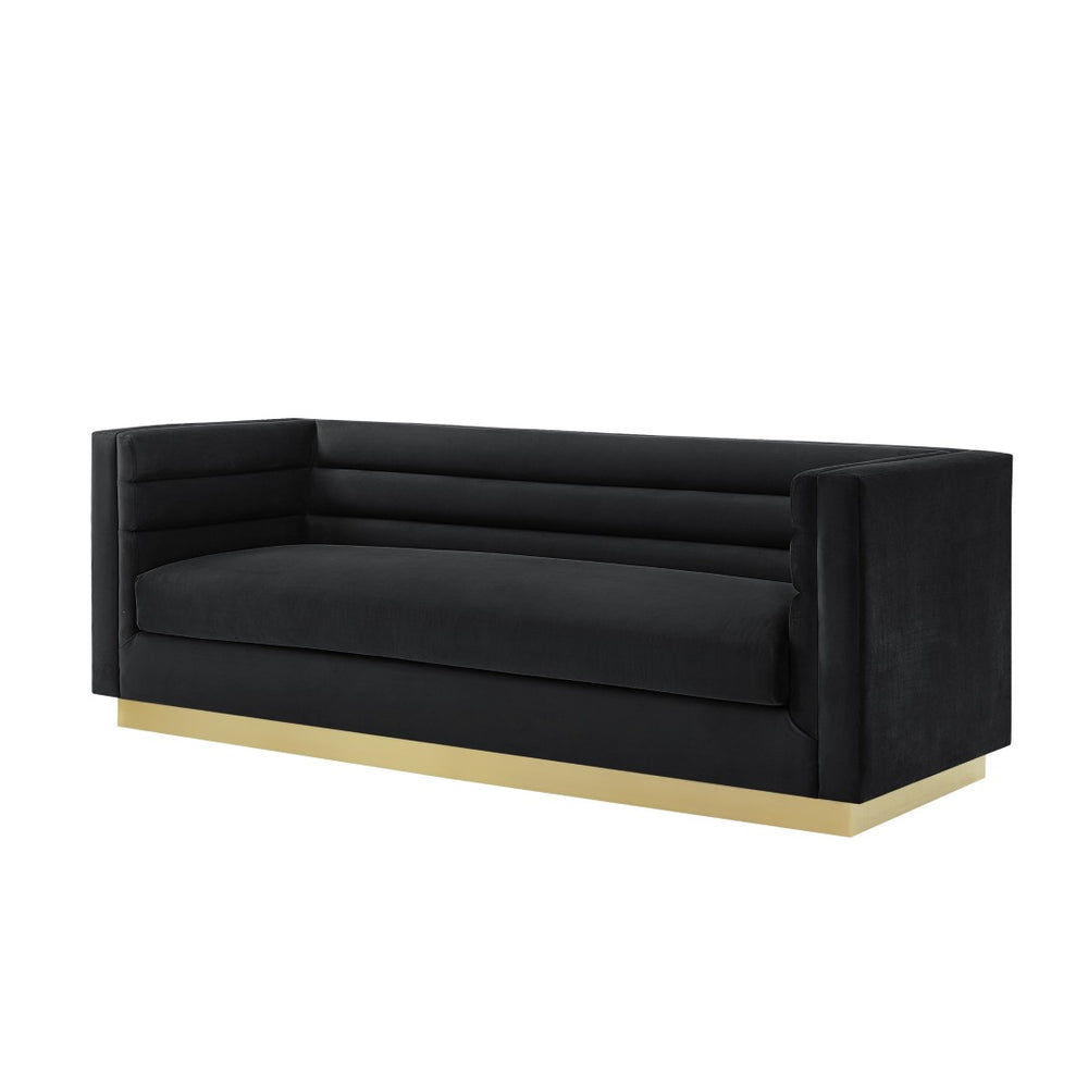 HomeRoots 84" Black Velvet Sofa with Solid Wood Frame - Elegant Design, Gold Legs & Plush Comfort for 3 543967