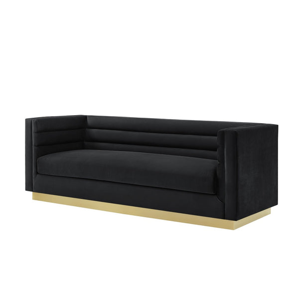 HomeRoots 84" Black Velvet Sofa with Solid Wood Frame - Elegant Design, Gold Legs & Plush Comfort for 3 543967
