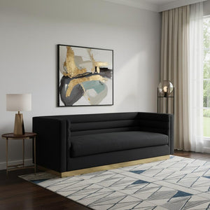HomeRoots 84" Black Velvet Sofa with Solid Wood Frame - Elegant Design, Gold Legs & Plush Comfort for 3 543967