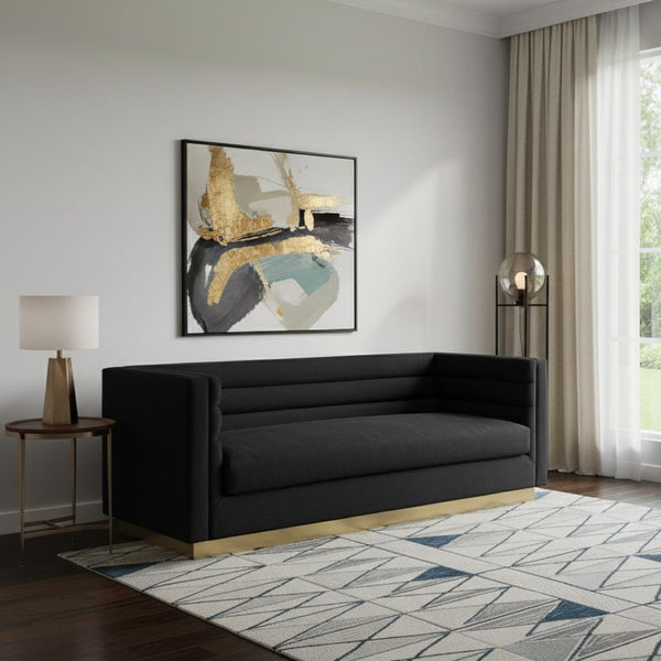 HomeRoots 84" Black Velvet Sofa with Solid Wood Frame - Elegant Design, Gold Legs & Plush Comfort for 3 543967