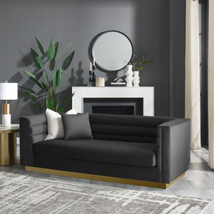 HomeRoots 84" Black Velvet Sofa with Solid Wood Frame - Elegant Design, Gold Legs & Plush Comfort for 3 543967