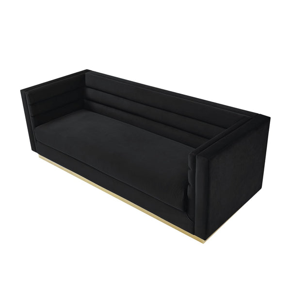 HomeRoots 84" Black Velvet Sofa with Solid Wood Frame - Elegant Design, Gold Legs & Plush Comfort for 3 543967