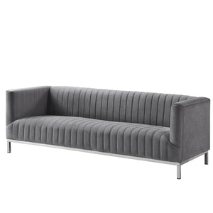HomeRoots 85" Gray Velvet Sofa - Modern Elegance with Tufted Back & Silver Legs for Luxurious Living Spaces 543972
