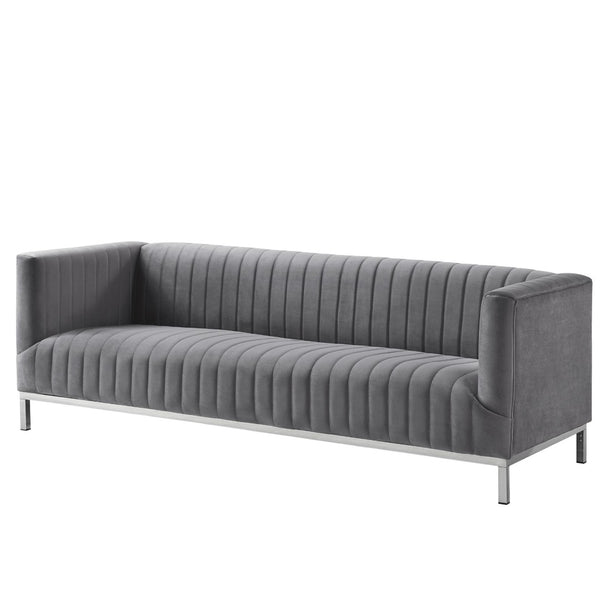 HomeRoots 85" Gray Velvet Sofa - Modern Elegance with Tufted Back & Silver Legs for Luxurious Living Spaces 543972