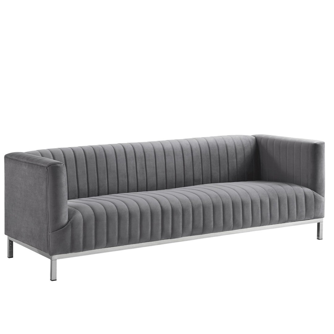 HomeRoots 85" Gray Velvet Sofa - Modern Elegance with Tufted Back & Silver Legs for Luxurious Living Spaces 543972