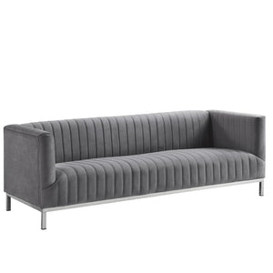 HomeRoots 85" Gray Velvet Sofa - Modern Elegance with Tufted Back & Silver Legs for Luxurious Living Spaces 543972