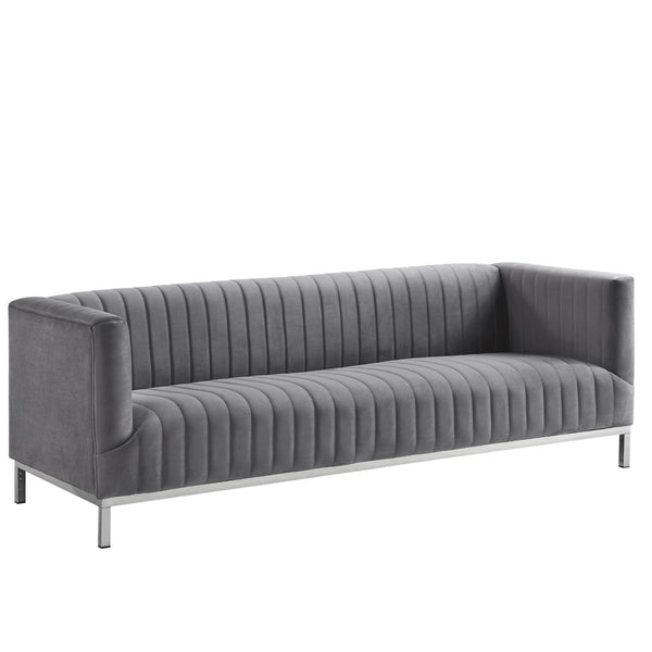 HomeRoots 85" Gray Velvet Sofa - Modern Elegance with Tufted Back & Silver Legs for Luxurious Living Spaces 543972