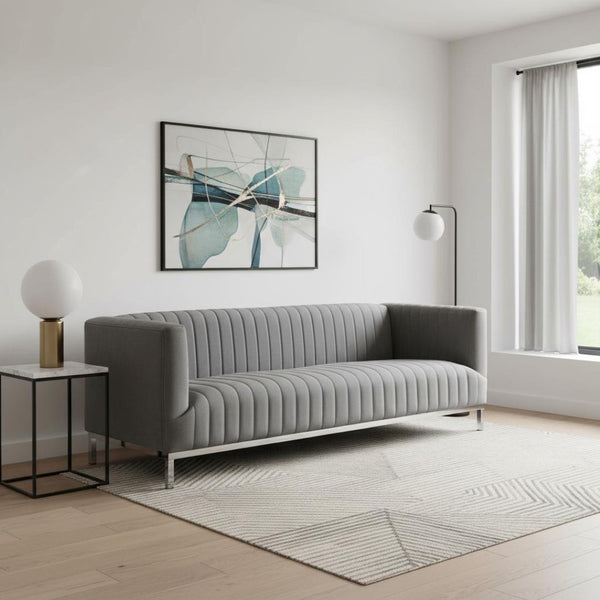 HomeRoots 85" Gray Velvet Sofa - Modern Elegance with Tufted Back & Silver Legs for Luxurious Living Spaces 543972