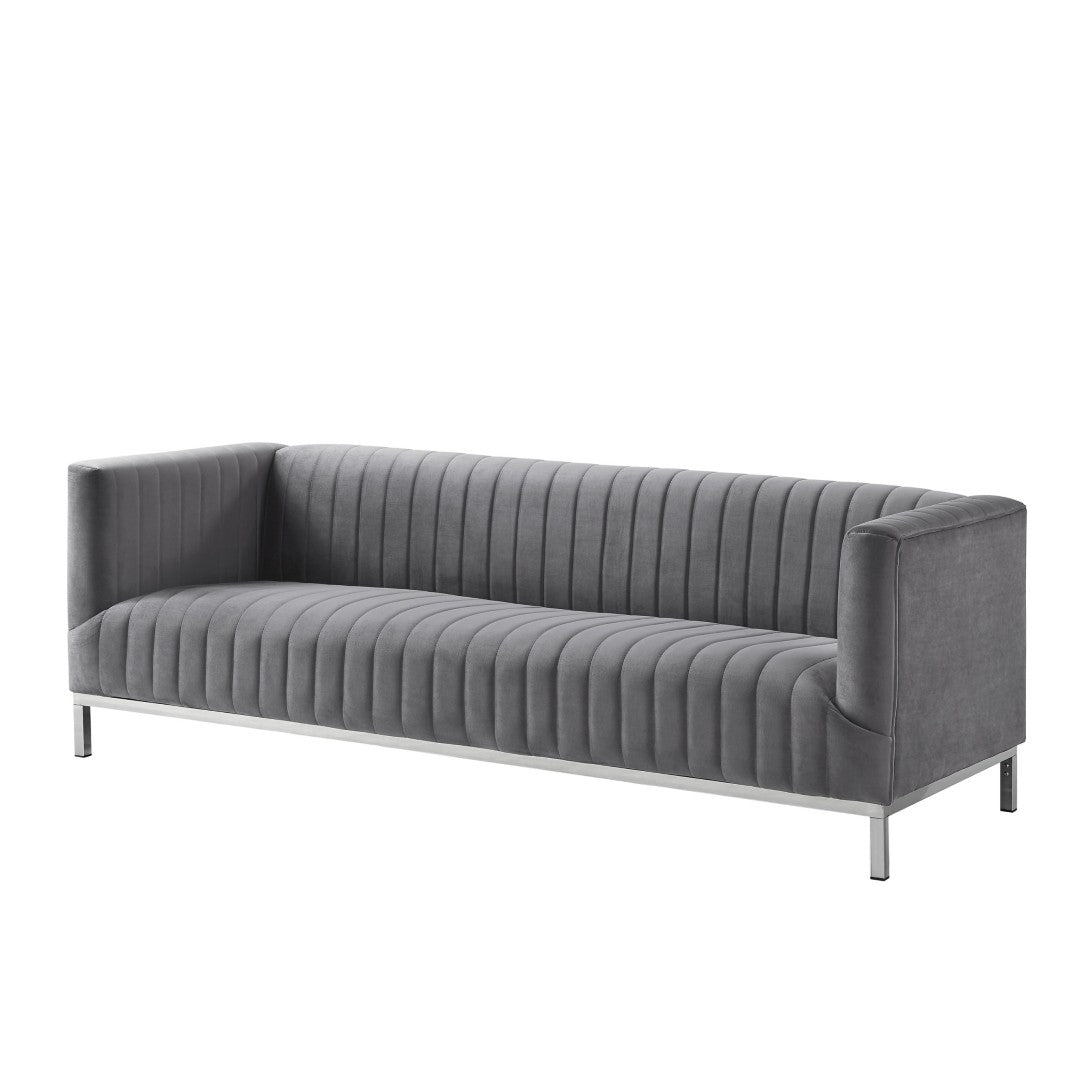 HomeRoots 85" Gray Velvet Sofa - Modern Elegance with Tufted Back & Silver Legs for Luxurious Living Spaces 543972