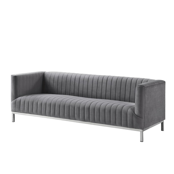 HomeRoots 85" Gray Velvet Sofa - Modern Elegance with Tufted Back & Silver Legs for Luxurious Living Spaces 543972