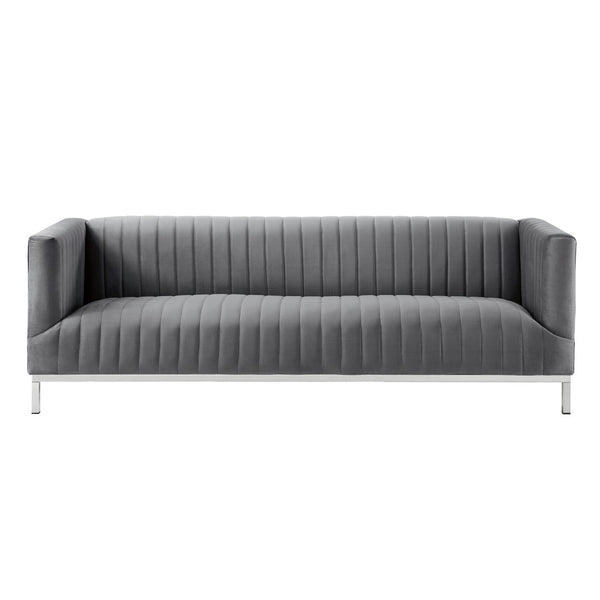 HomeRoots 85" Gray Velvet Sofa - Modern Elegance with Tufted Back & Silver Legs for Luxurious Living Spaces 543972