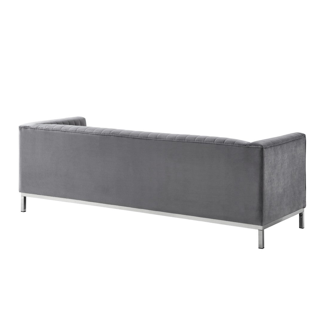 HomeRoots 85" Gray Velvet Sofa - Modern Elegance with Tufted Back & Silver Legs for Luxurious Living Spaces 543972