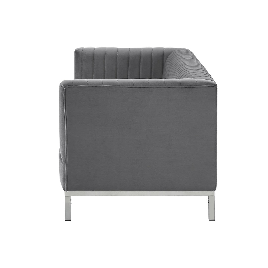 HomeRoots 85" Gray Velvet Sofa - Modern Elegance with Tufted Back & Silver Legs for Luxurious Living Spaces 543972