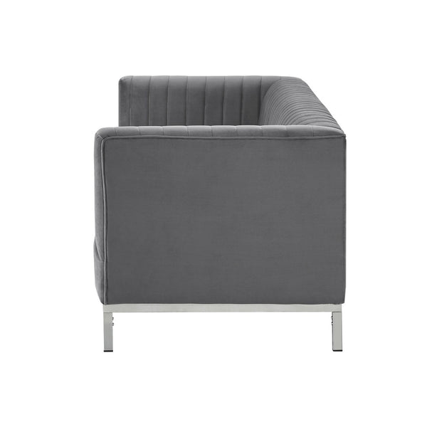 HomeRoots 85" Gray Velvet Sofa - Modern Elegance with Tufted Back & Silver Legs for Luxurious Living Spaces 543972