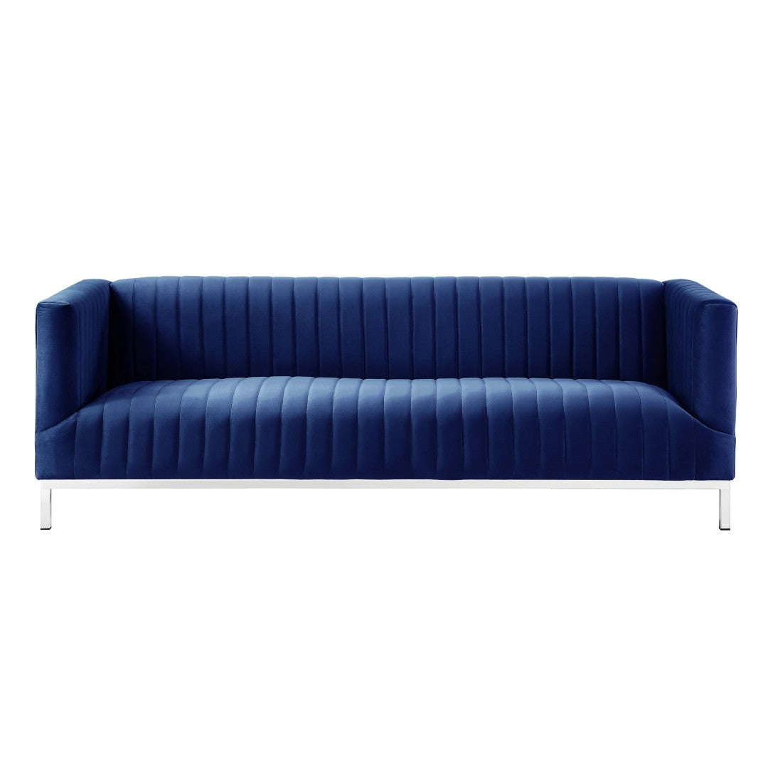HomeRoots 85" Velvet Sofa for Modern Living Spaces - Plush Comfort, Stylish Silver Legs, and Timeless Elegance Navy/Chrome 543973