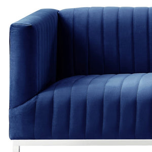 HomeRoots 85" Velvet Sofa for Modern Living Spaces - Plush Comfort, Stylish Silver Legs, and Timeless Elegance Navy/Chrome 543973