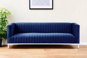 HomeRoots 85" Velvet Sofa for Modern Living Spaces - Plush Comfort, Stylish Silver Legs, and Timeless Elegance Navy/Chrome 543973