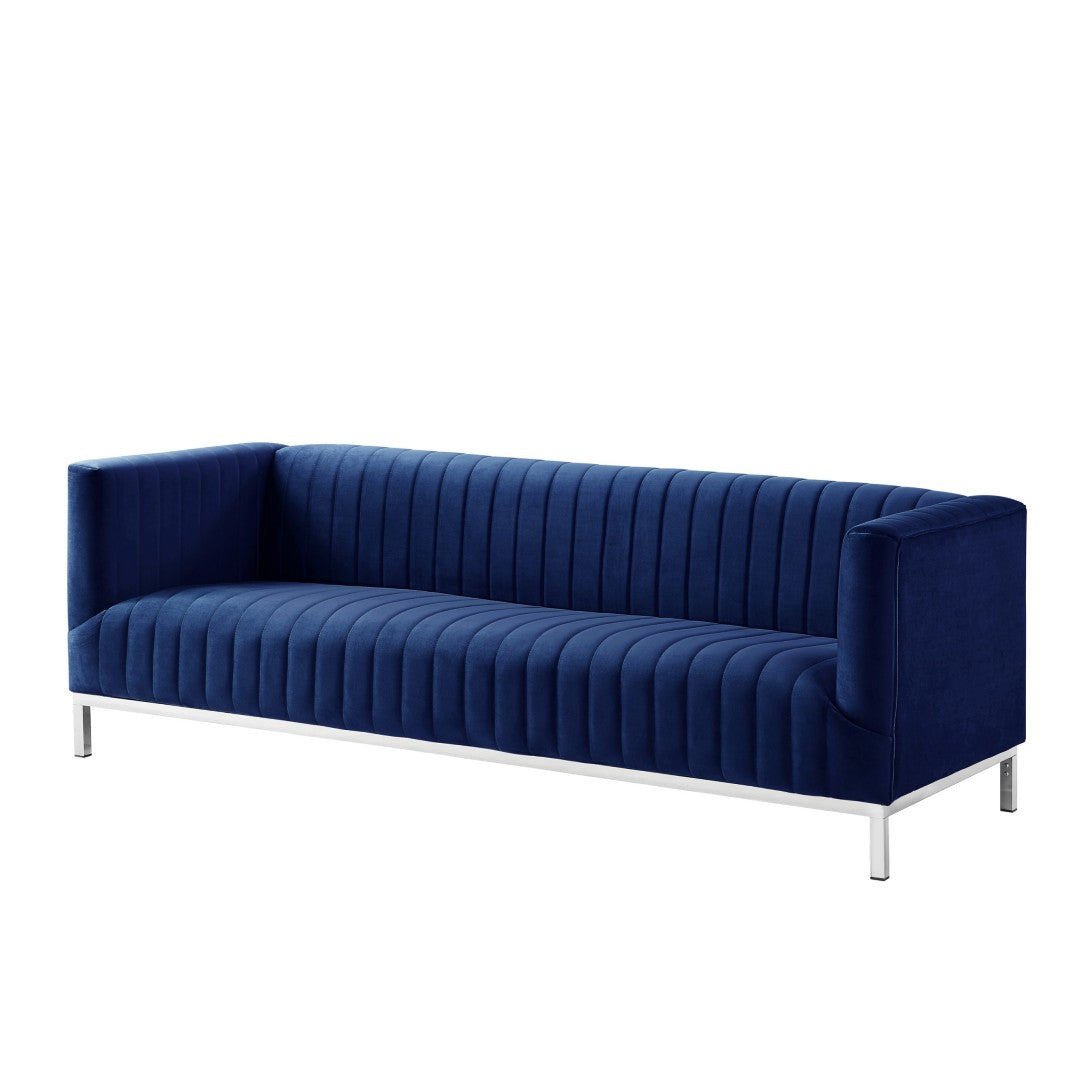 HomeRoots 85" Velvet Sofa for Modern Living Spaces - Plush Comfort, Stylish Silver Legs, and Timeless Elegance Navy/Chrome 543973