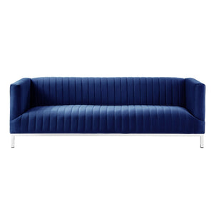 HomeRoots 85" Velvet Sofa for Modern Living Spaces - Plush Comfort, Stylish Silver Legs, and Timeless Elegance Navy/Chrome 543973