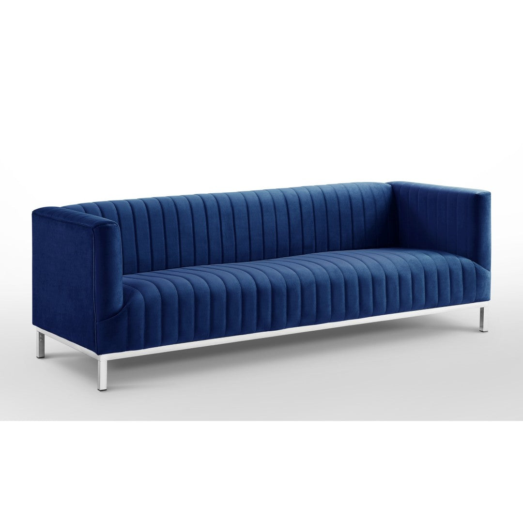 HomeRoots 85" Velvet Sofa for Modern Living Spaces - Plush Comfort, Stylish Silver Legs, and Timeless Elegance Navy/Chrome 543973