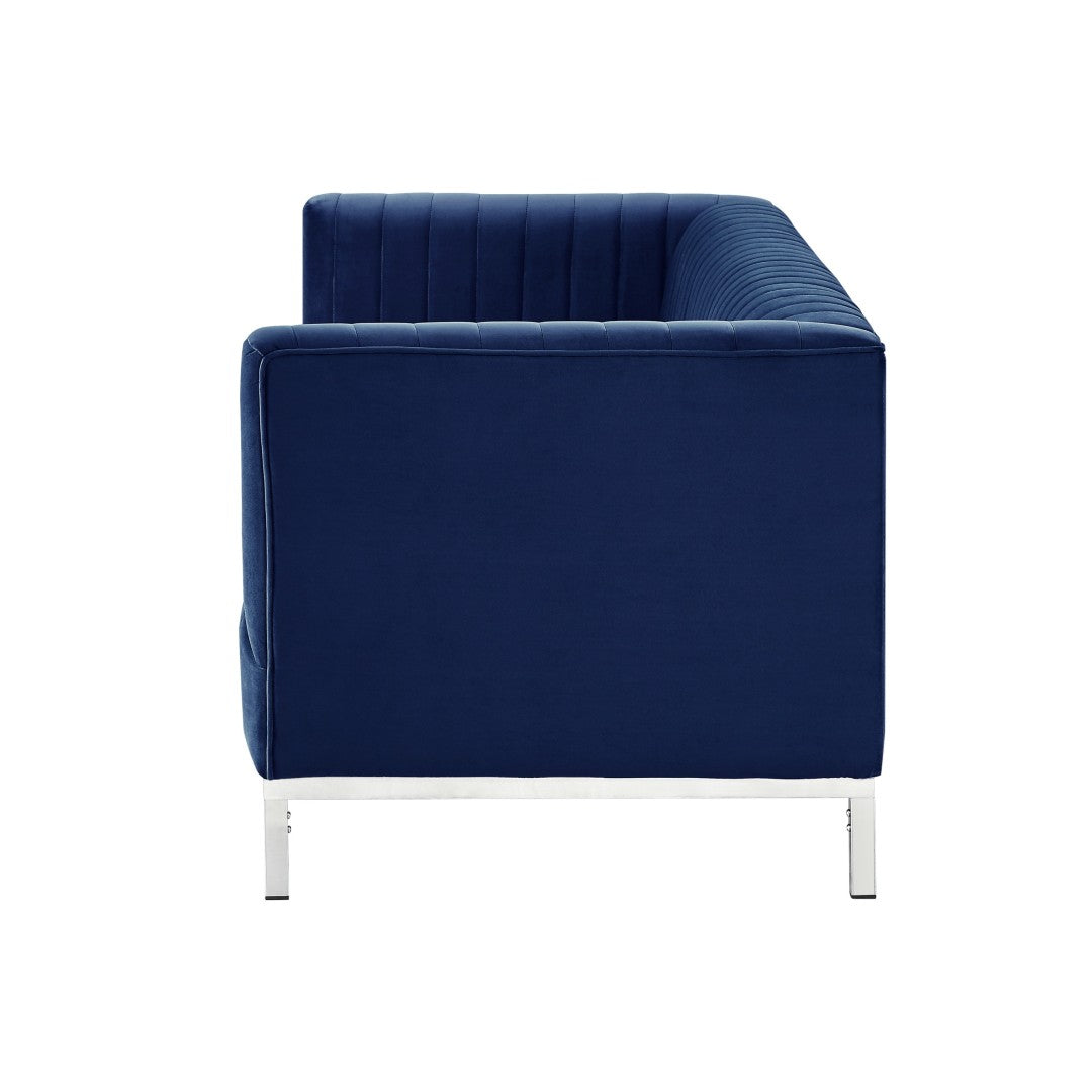HomeRoots 85" Velvet Sofa for Modern Living Spaces - Plush Comfort, Stylish Silver Legs, and Timeless Elegance Navy/Chrome 543973