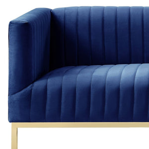 HomeRoots 85" Velvet Sofa for Modern Living Spaces - Plush Comfort, Stylish Silver Legs, and Timeless Elegance Navy/Gold 543974