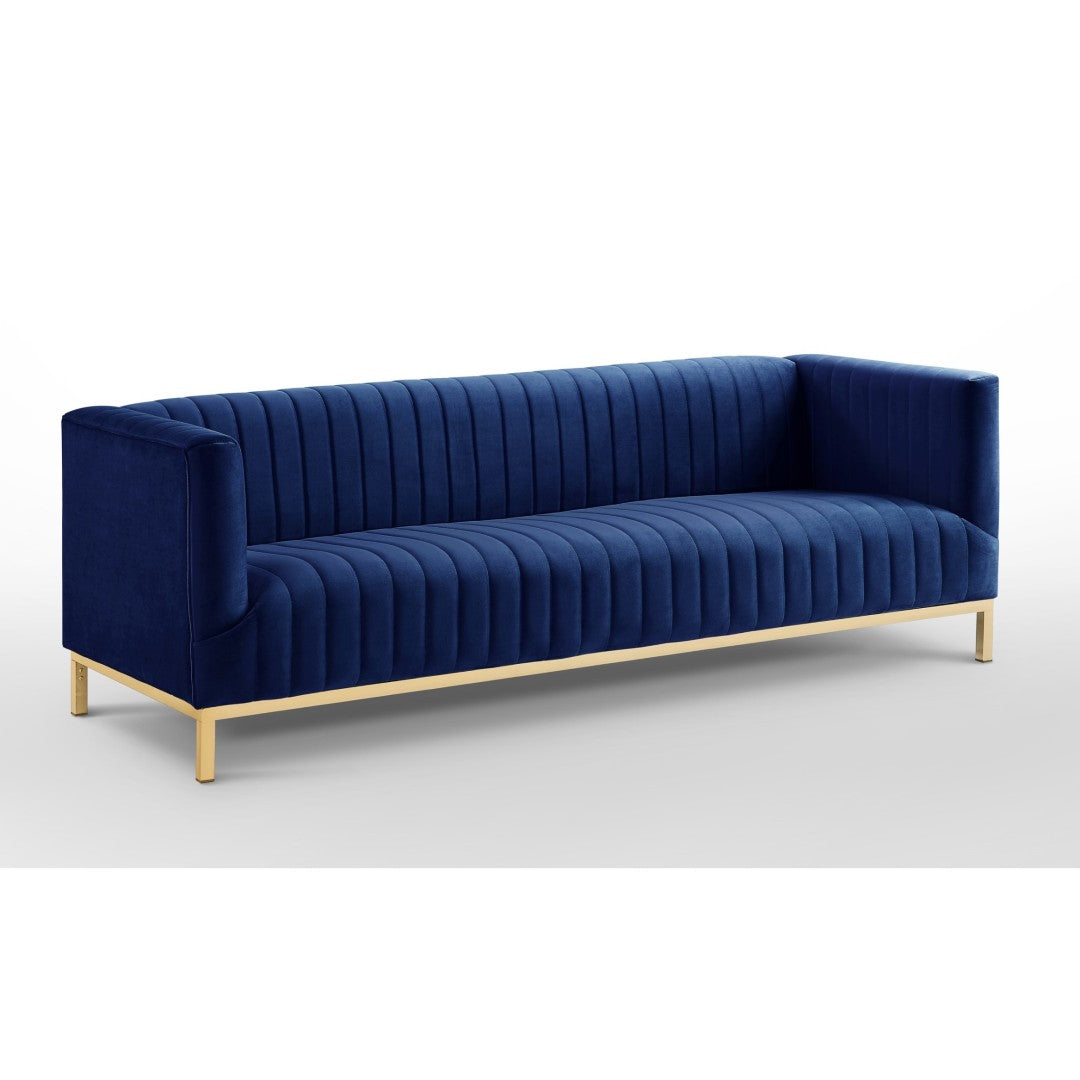 HomeRoots 85" Velvet Sofa for Modern Living Spaces - Plush Comfort, Stylish Silver Legs, and Timeless Elegance Navy/Gold 543974