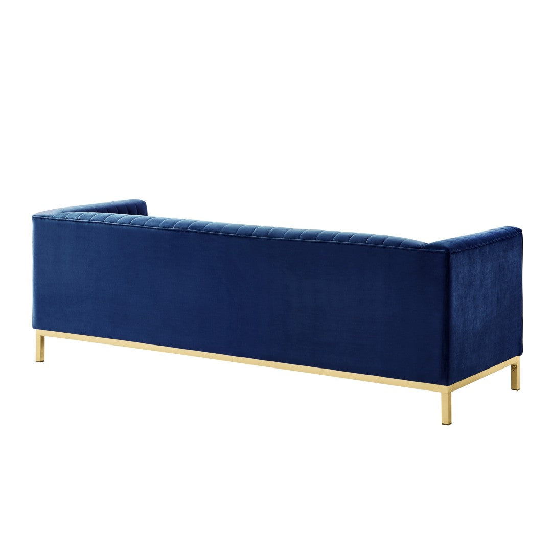 HomeRoots 85" Velvet Sofa for Modern Living Spaces - Plush Comfort, Stylish Silver Legs, and Timeless Elegance Navy/Gold 543974