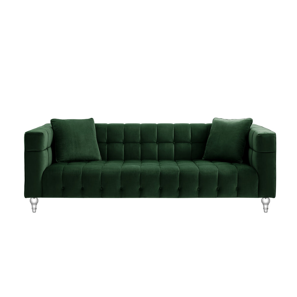 Homeroots 88" Hunter Green Velvet Sofa And Toss Pillows With Clear Legs Hunter Green  543978