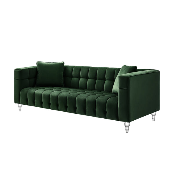 Homeroots 88" Hunter Green Velvet Sofa And Toss Pillows With Clear Legs Hunter Green  543978